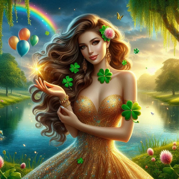 femeie cu parul lung saten imbracata in rochie galbena in fata unui lac