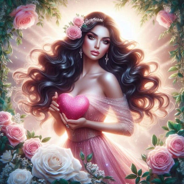 femeie cu parul brunet in rochie roz tine in mana o inima