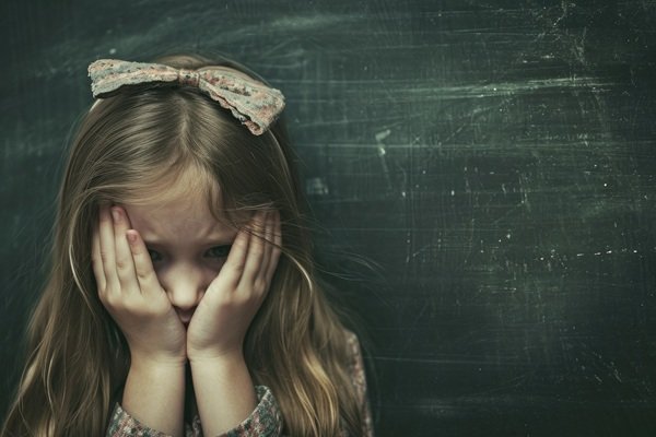 fetita cu parul lung plange in fata unei table scoalare