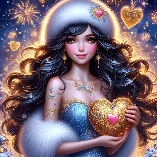 femeie bruneta cu o inima aurie in mana imbracata in albastru