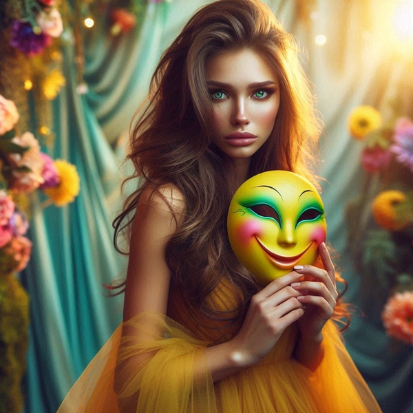 femeie cu parul lung saten tine in mana o masca trista