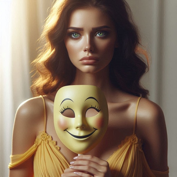 femeie satena in rochie galbena tine in mana o fata trista