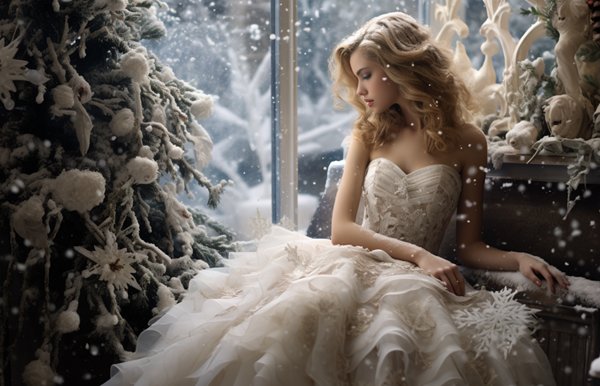 femeie blonda in rochie alba lunga sta pe o banca cu zapada