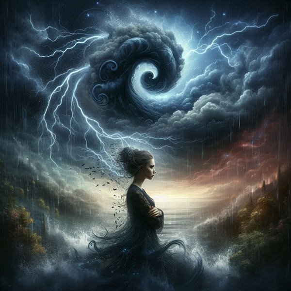 femeie in mijlocul pustietatii cu nori negri si fulger deasupra capului