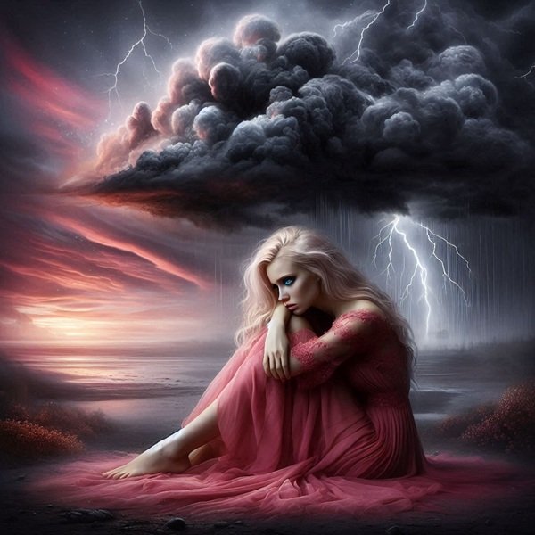 femeie blonda in rochie rosie cu un nor gri deasupra capului si un fulger