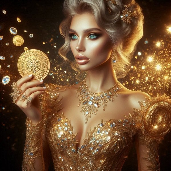 femeie blonda in rochie aurie tine in mana un ban mare de aur