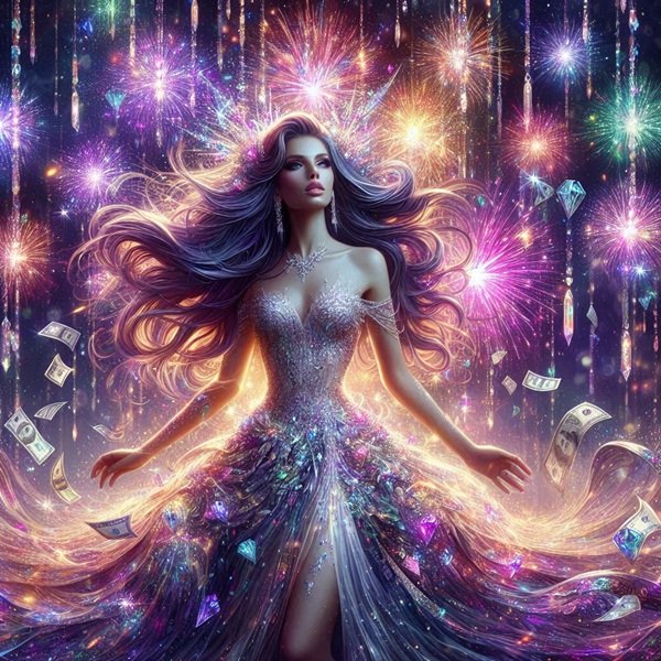 femeie bruneta cu rochie lunga sub ploaie de bani si doamante