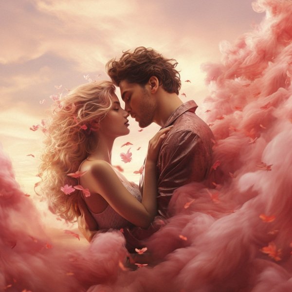 femeie blonda si barbat brunet se privesc in ochi printre nori roz