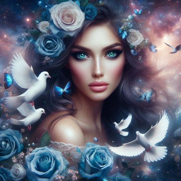 femeie bruneta cu parul lung inconjurata de porumbei albi