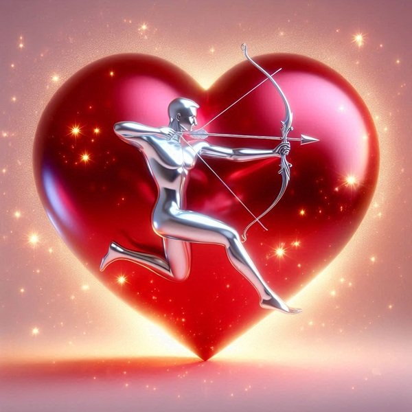 zodia sagetator reprezentata sub forma argintie intr-o inima 3d rosie 