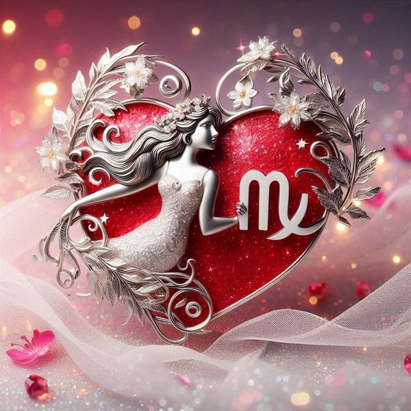 zodia fecioara reprezentata sub forma argintie intr-o inima 3d rosie 