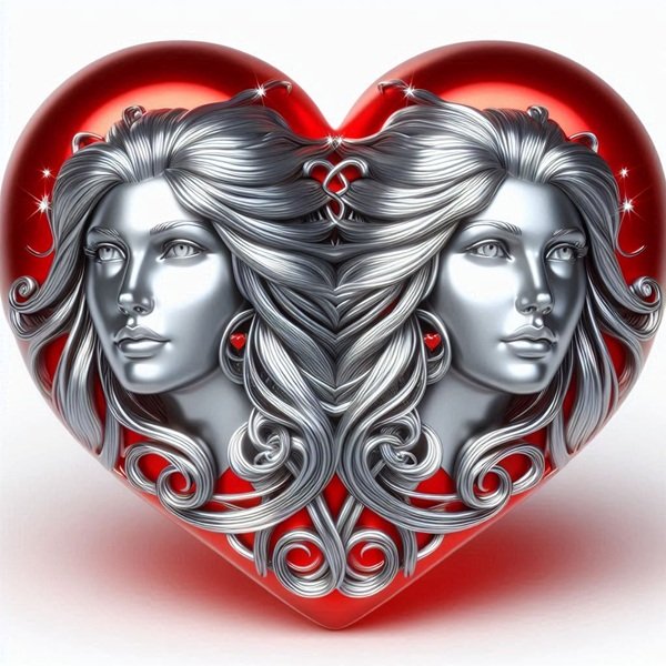 zodia gemeni reprezentata sub forma argintie intr-o inima 3d rosie 