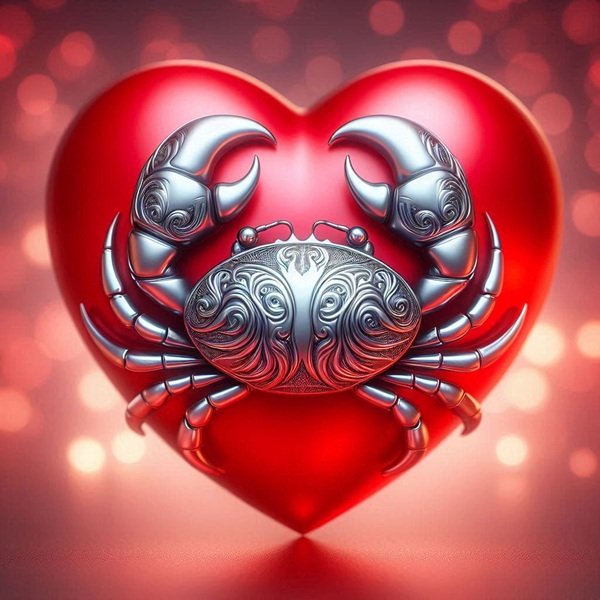 zodia rac reprezentata sub forma argintie intr-o inima 3d rosie 