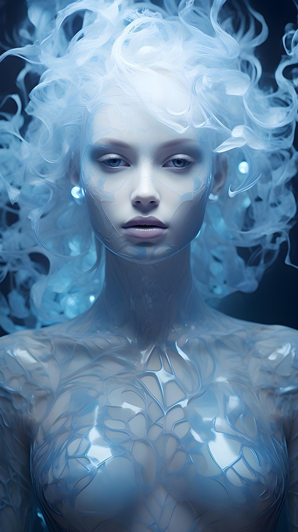 femeie cu parul alb imbracata in rochie de gheata