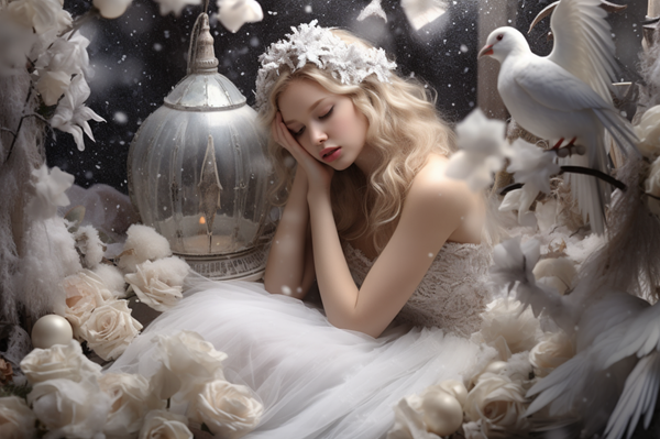 femeie imbracata in alb sta culcata langa o colivie in zapada