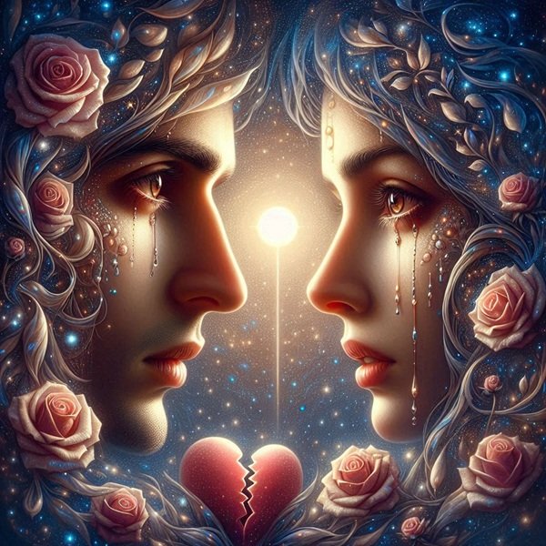 barbat si femeie se privesc in ochi suparati cu o inima franta intre ei