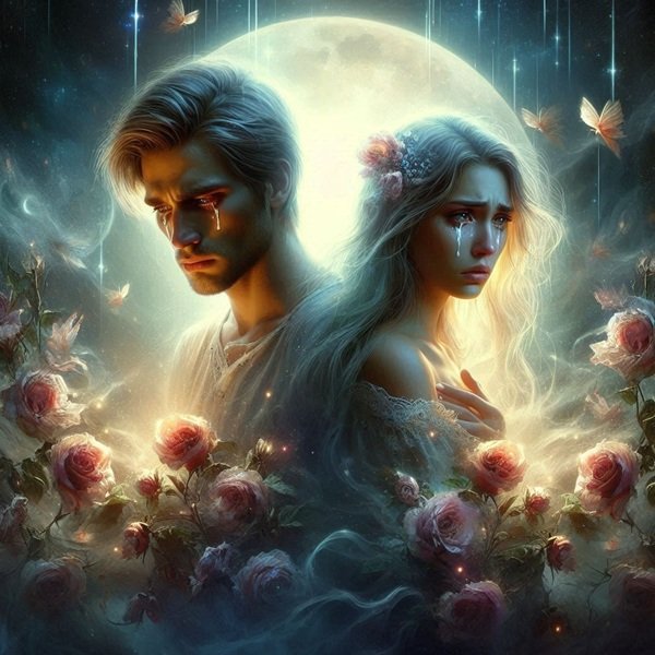 barbat si femeie stau spate in spate si plang inconjurati de flori