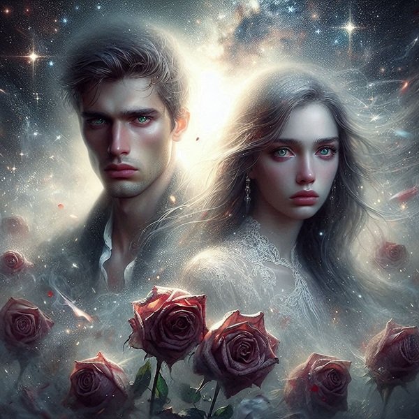 cuplu format din barbat si femeie suparati despartiti cu lacrimi in ochi inconjurati de flori rosii