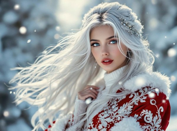 femeie in rochie rosie cu parul lung alb in zapada