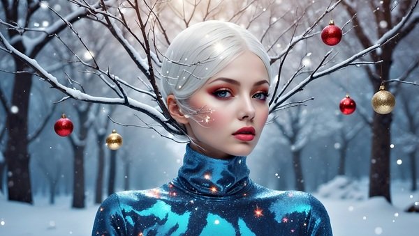 femeie in helanca albastra cu crengi impodobite cu globuri colorate pe cap