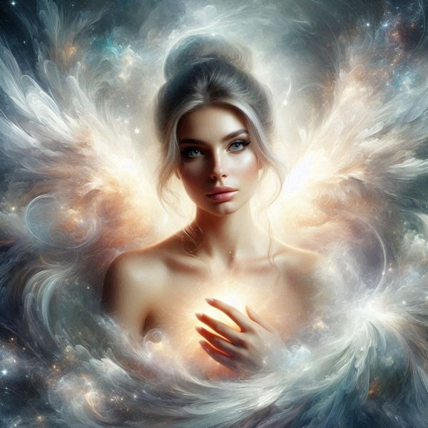 femeie blonda cu parul prins in coc cu aripi de ingr