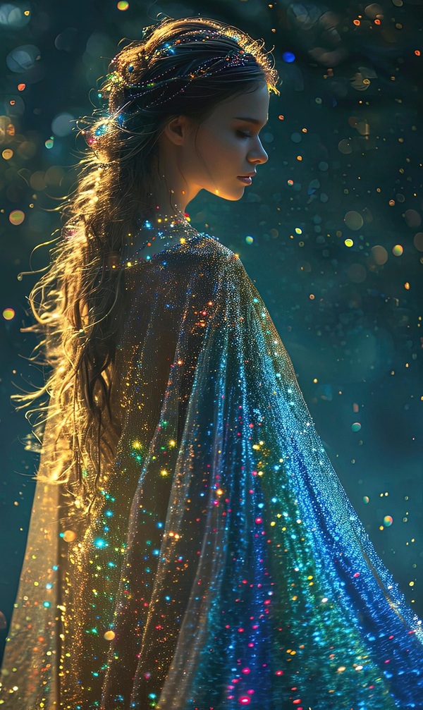 femeie in rochie lunga stralucitoare priveste in jos