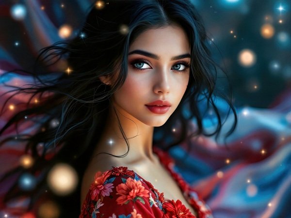 femeie cu parul brunet lung si rochie rosie