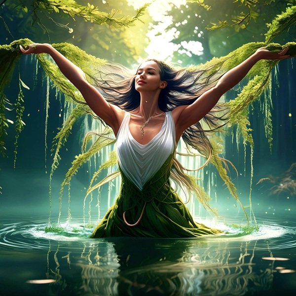 femeie iese din apa cu alge eliberata imbracata in alb