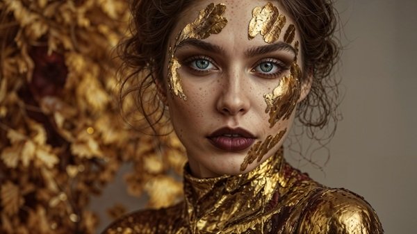 femeie bruneta cu parul prins si buzele mov in rochie de aur