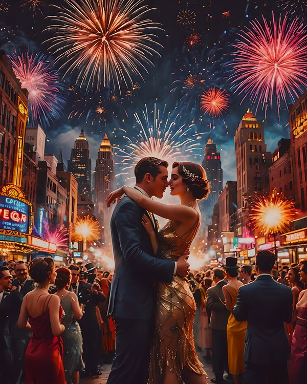 cuplu imbratisati de anul nou cu foc de artificii si lume in jur