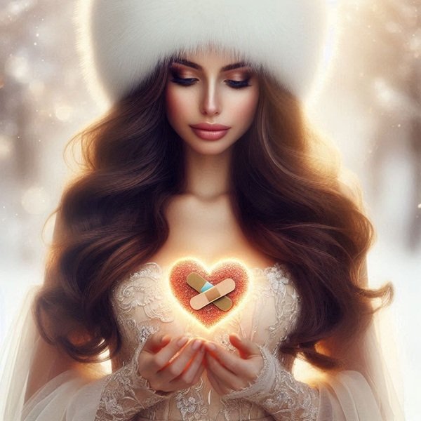 femeie satena imbracata in alb tine o inima in mana