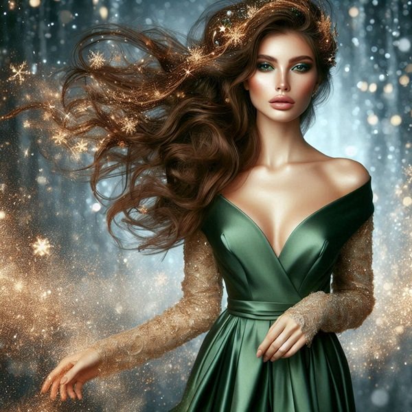 femeie satena cu parul lung cu bucle imbracata in rochie verde cu stele in par
