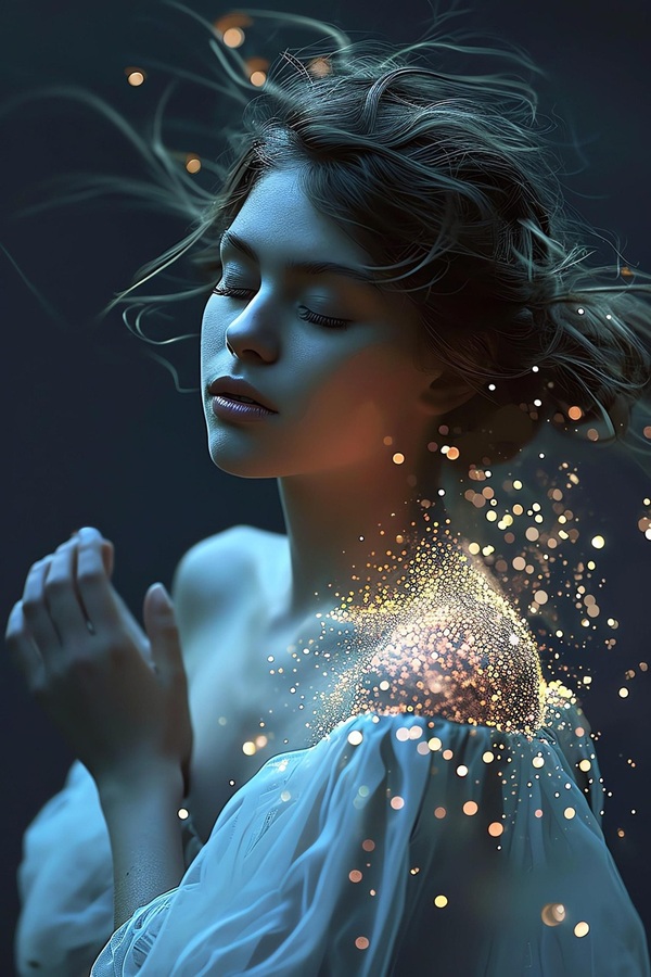 femeie bruneta cu parul prins in bluza alba inconjurata de sclipici alb