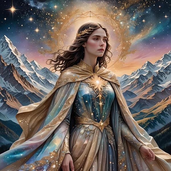 femeie in rochie albastru cu auriu cu parul lung si bratele deschise