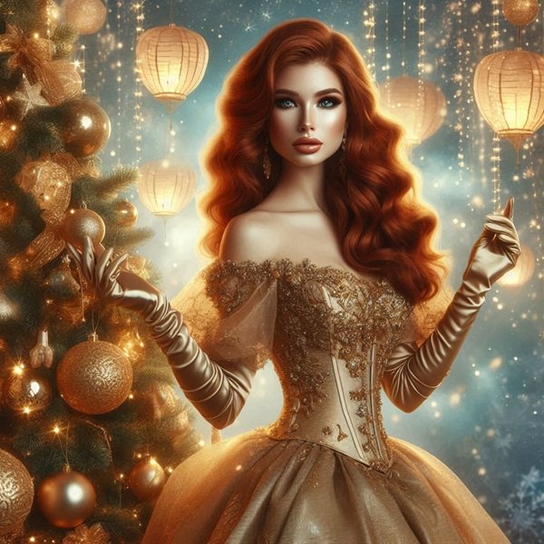 femeie roscata cu parul lung imbracata in rochie aurie cu maneci lungi langa un brad impodobit de craciun