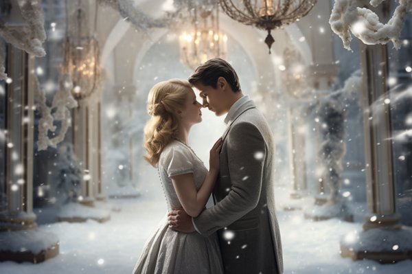 femeie imbracata in alb si barbat imbracat in negru se privesc in ochi pe fundal de iarna
