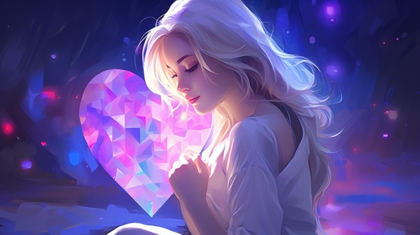 femeie blonda sta la lumina unei inimi mov