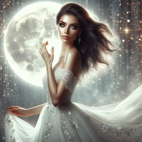 femeie bruneta cu parul lung fluturand in vant sub luna plina