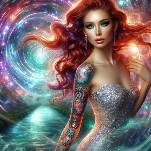 femeie cu parul rosu in fata unui portal magic