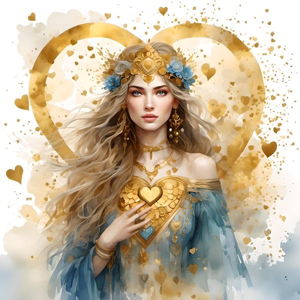 femeie cu parul blond imbracata in rochie albastra cu o inima aurie la piept