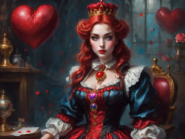 femeie roscata cu parul lung imbracata in rochie de piele rosu cu negru