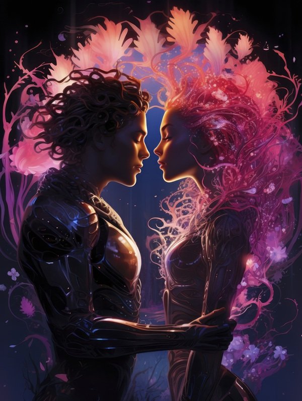 cuplu format din barbat si femeie in tinute fantasy care se privesc in ochi