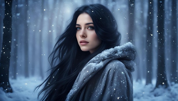 femeie bruneta cu parul lung in peisaj de iarna