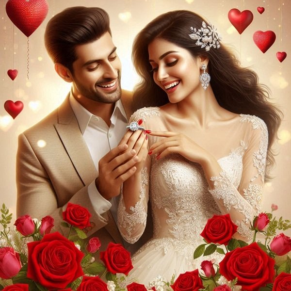 femeie in rochie alba isi pune un inel pe deget barbat langa ea