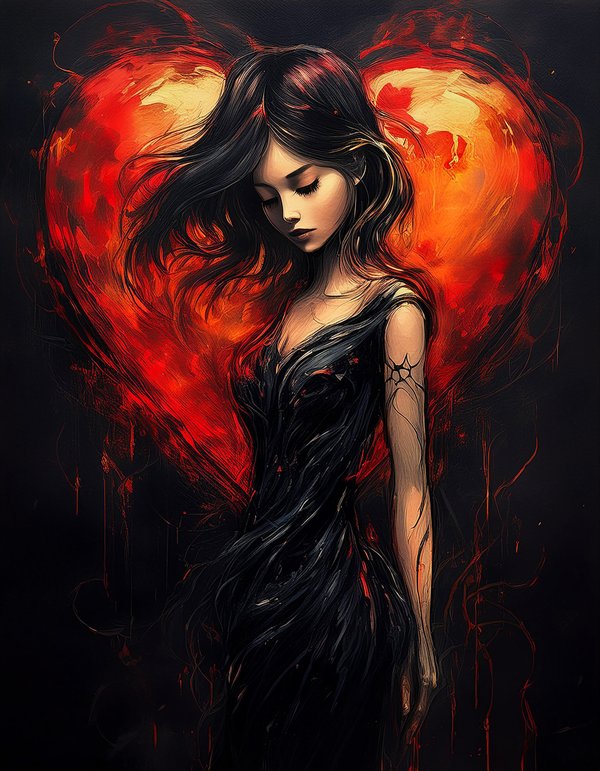 femeie bruneta imbracata in negru trista cu o inima rosie pe un perete in spatele ei