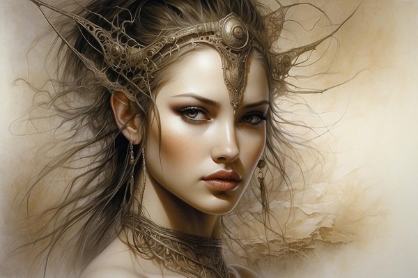 femeie cu parul saten si cu o armură pe cap