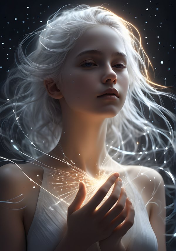 femeie cu parul alb imbracata in alb inconjurtaa de lumina