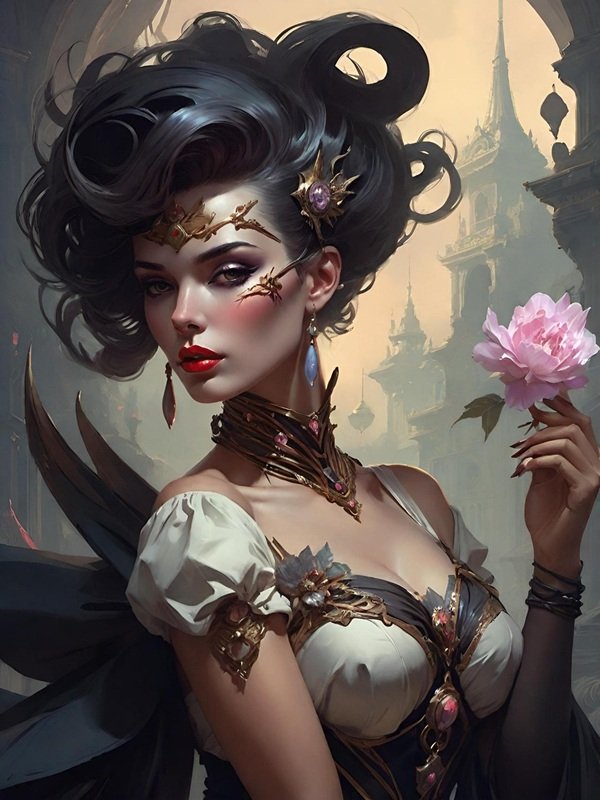 femeie bruneta cu parul prins in coc tine in mana un trandafir