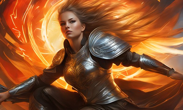 femeie in armura cu sabia in mana 