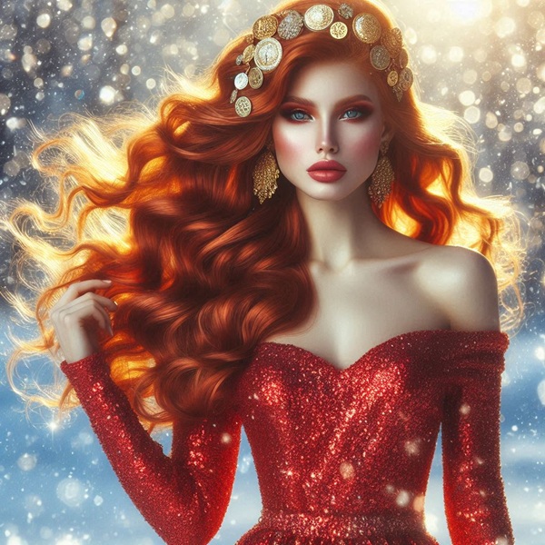 femeie roscata cu rochie rosie si salba de aur in peisaj de iarna